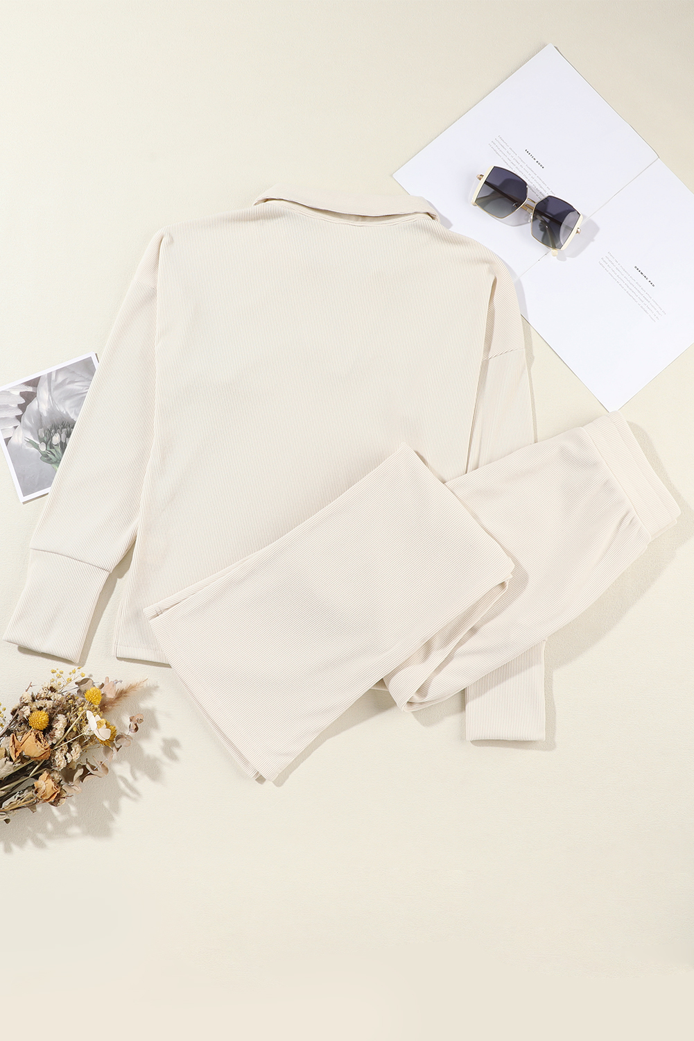 Beige Collared Split Neck Ribbed 2pcs Athleisure Outfit - loveforevers