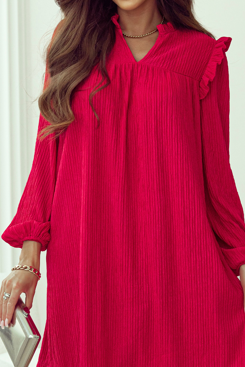 Fiery Red Textured Ruffled Trim V Neck Loose Fit Mini Dress - loveforevers