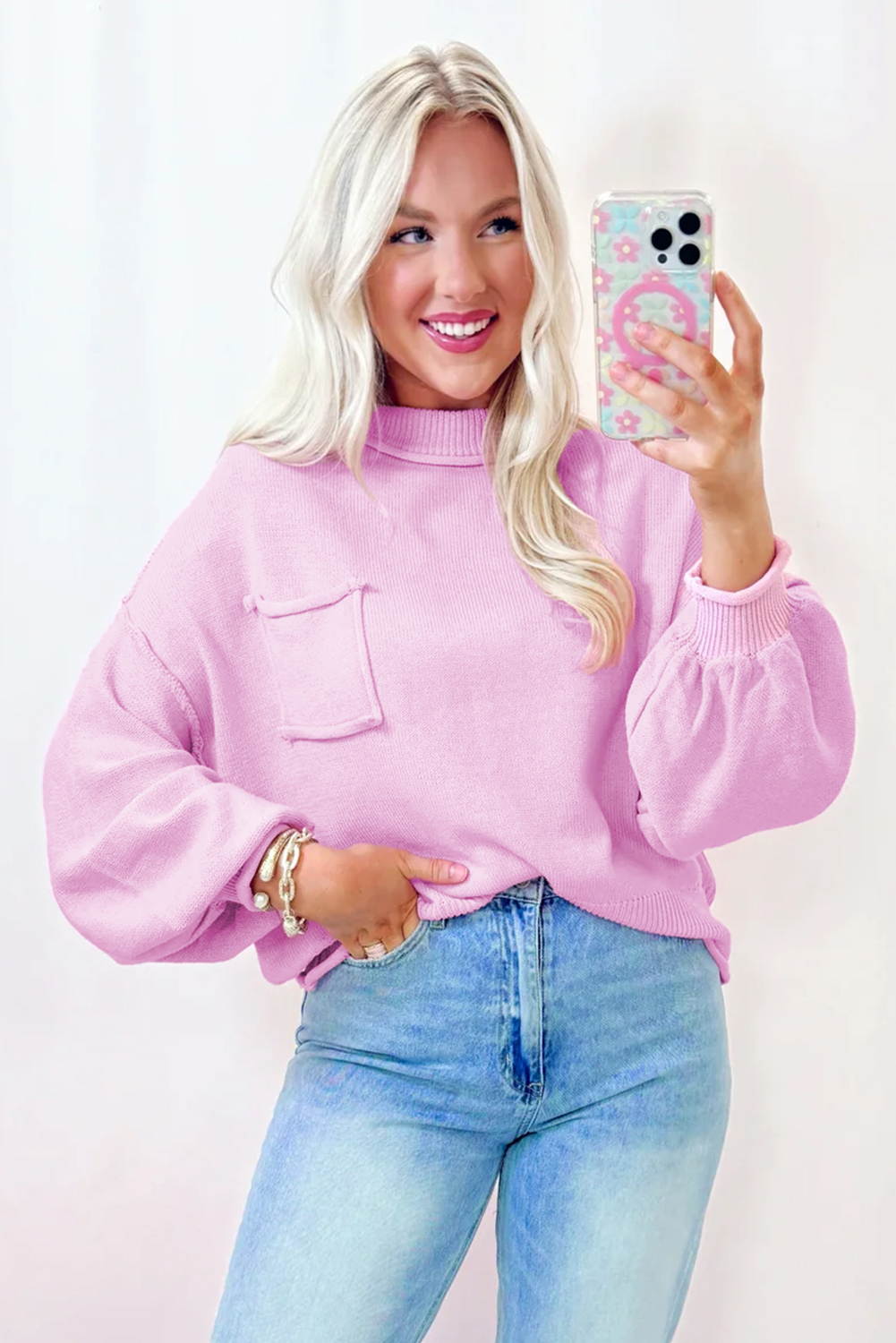 Pink Raw Edge Ribbed Detail Drop Shoulder Sweater - loveforevers