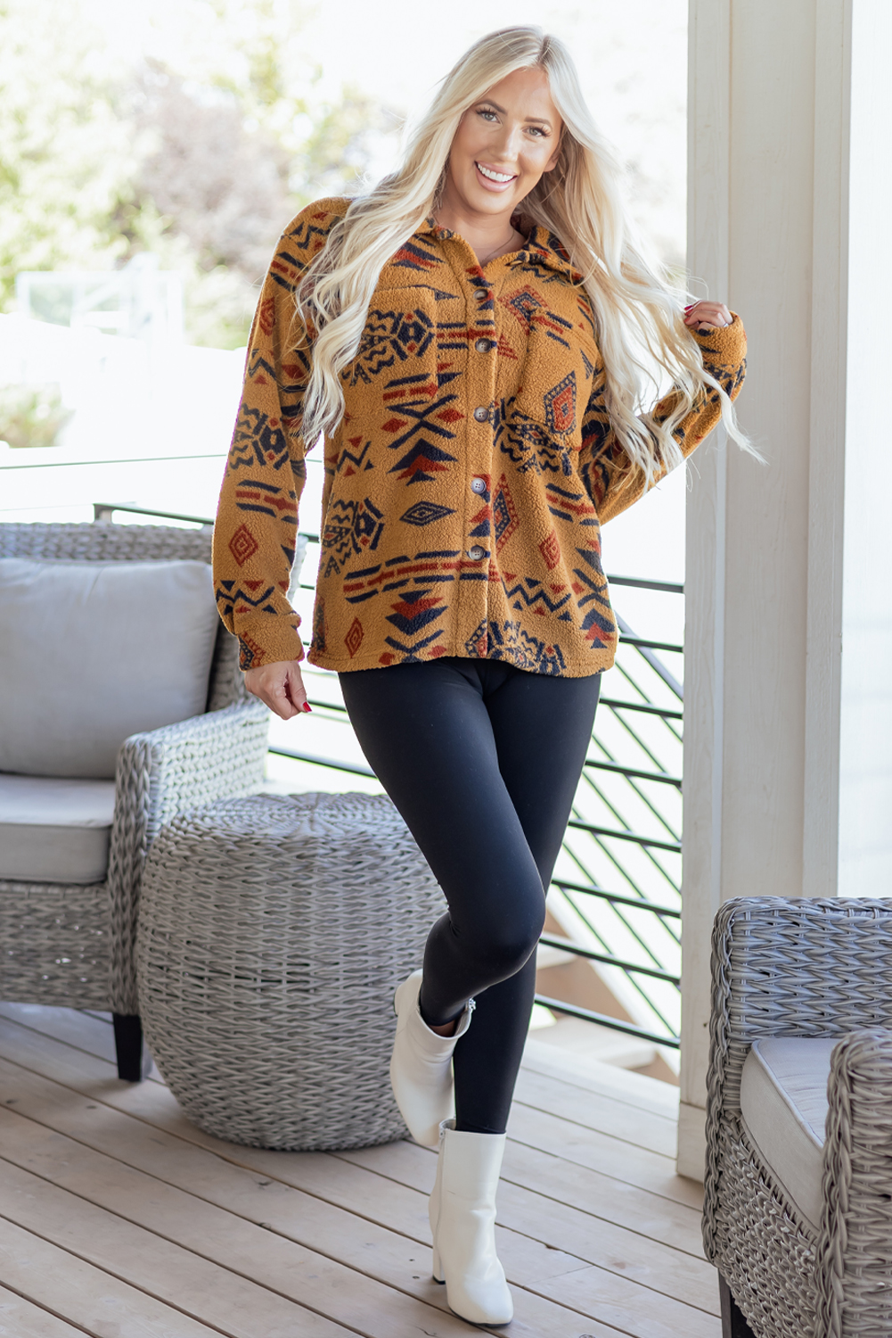 Khaki Western Aztec Pattern Fleece Shacket - loveforevers