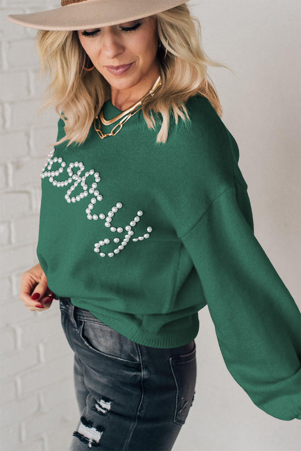 Blackish Green Pearl Beaded Merry Casual Sweater - loveforevers