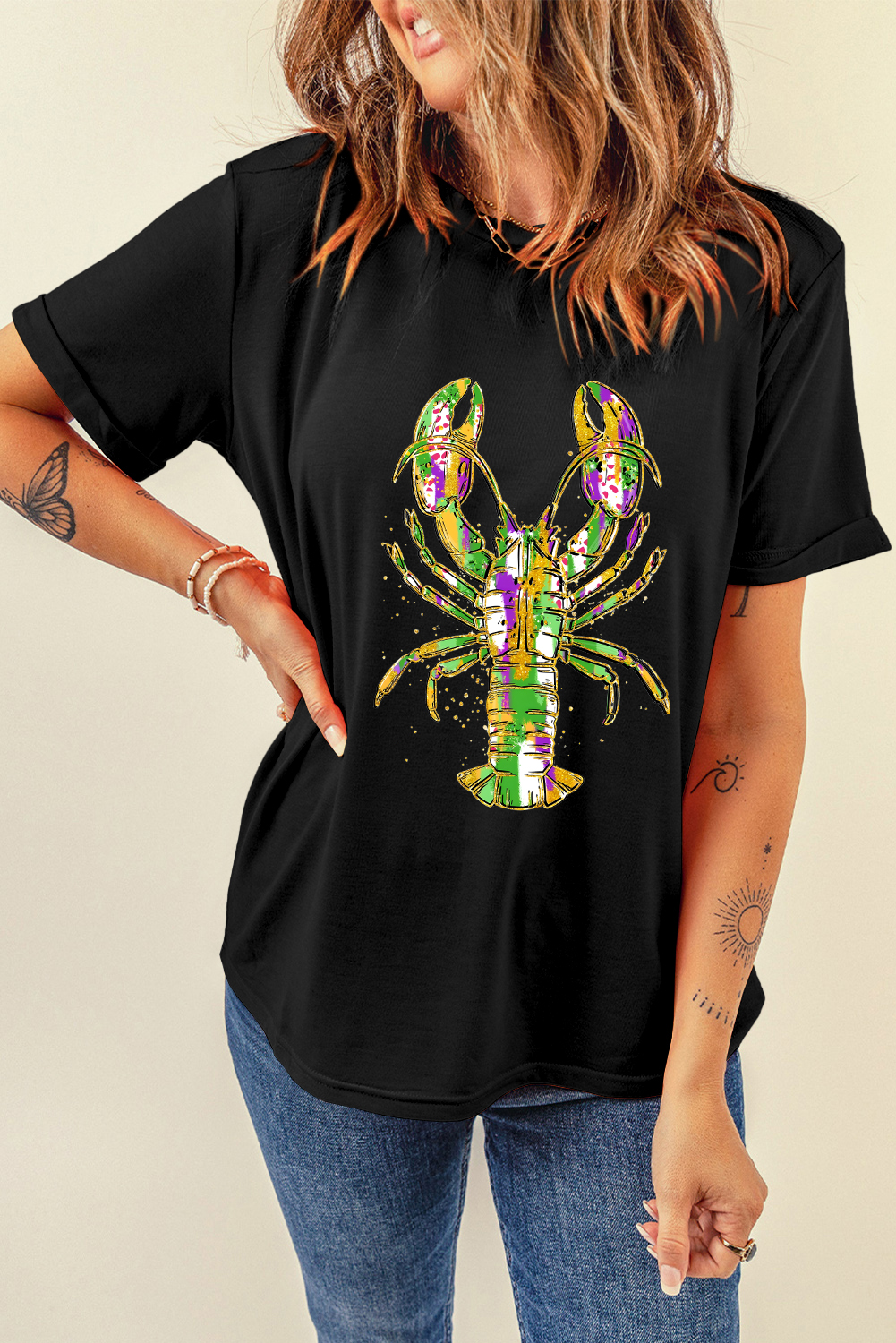 Black Mardi Gras Lobster Heat Transfer Graphic T Shirt - loveforevers
