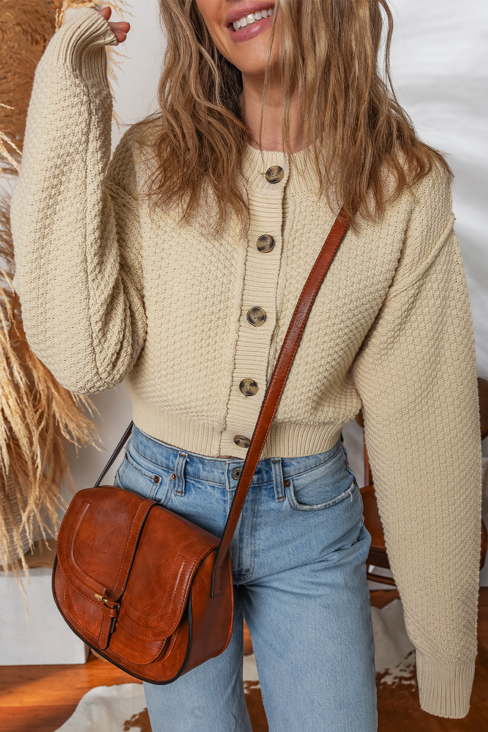 Beige Button Front Cropped Cardigan Sweater - loveforevers