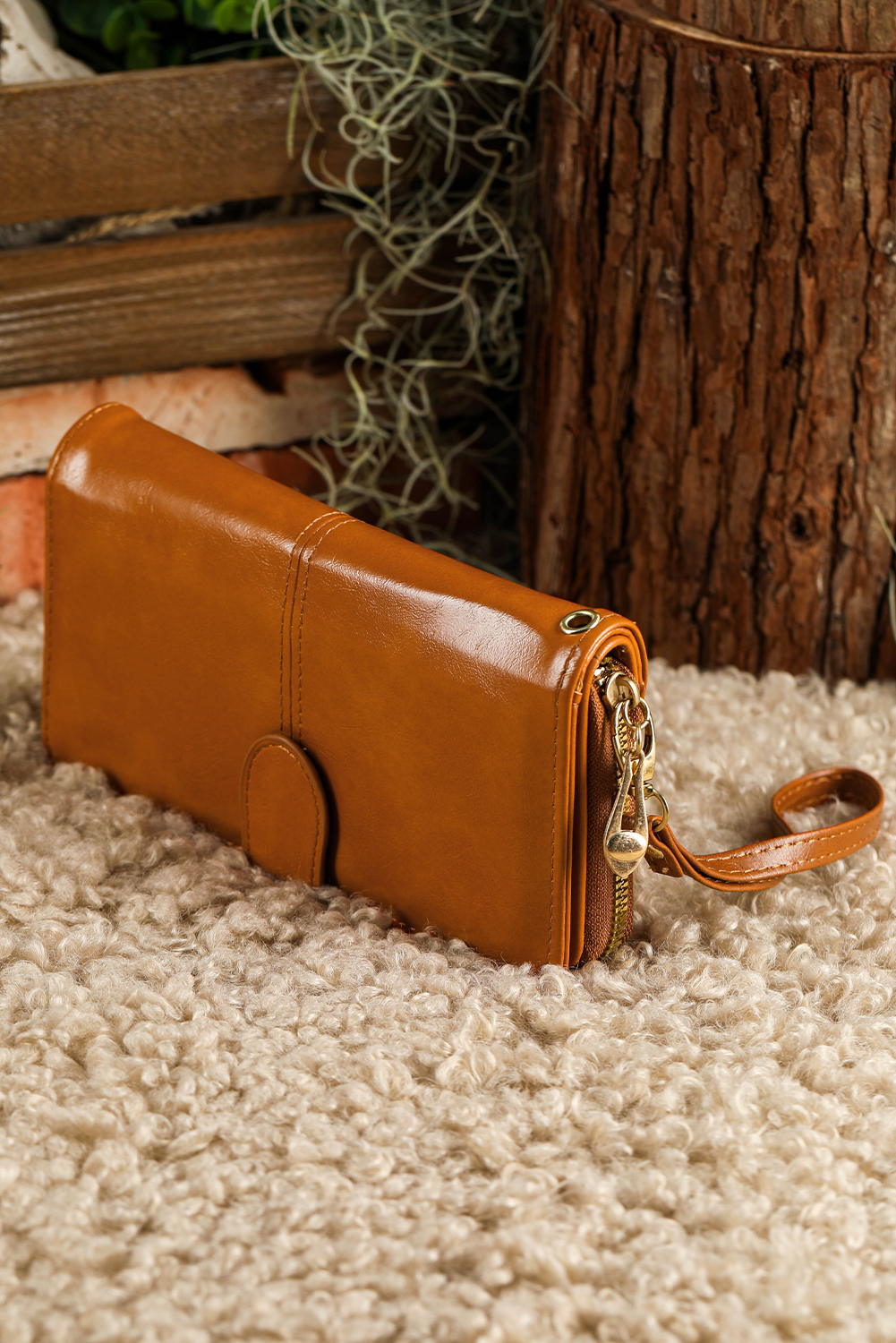 Cinnamon Faux Leather Zip Around Wrist Strap Long Wallet - loveforevers