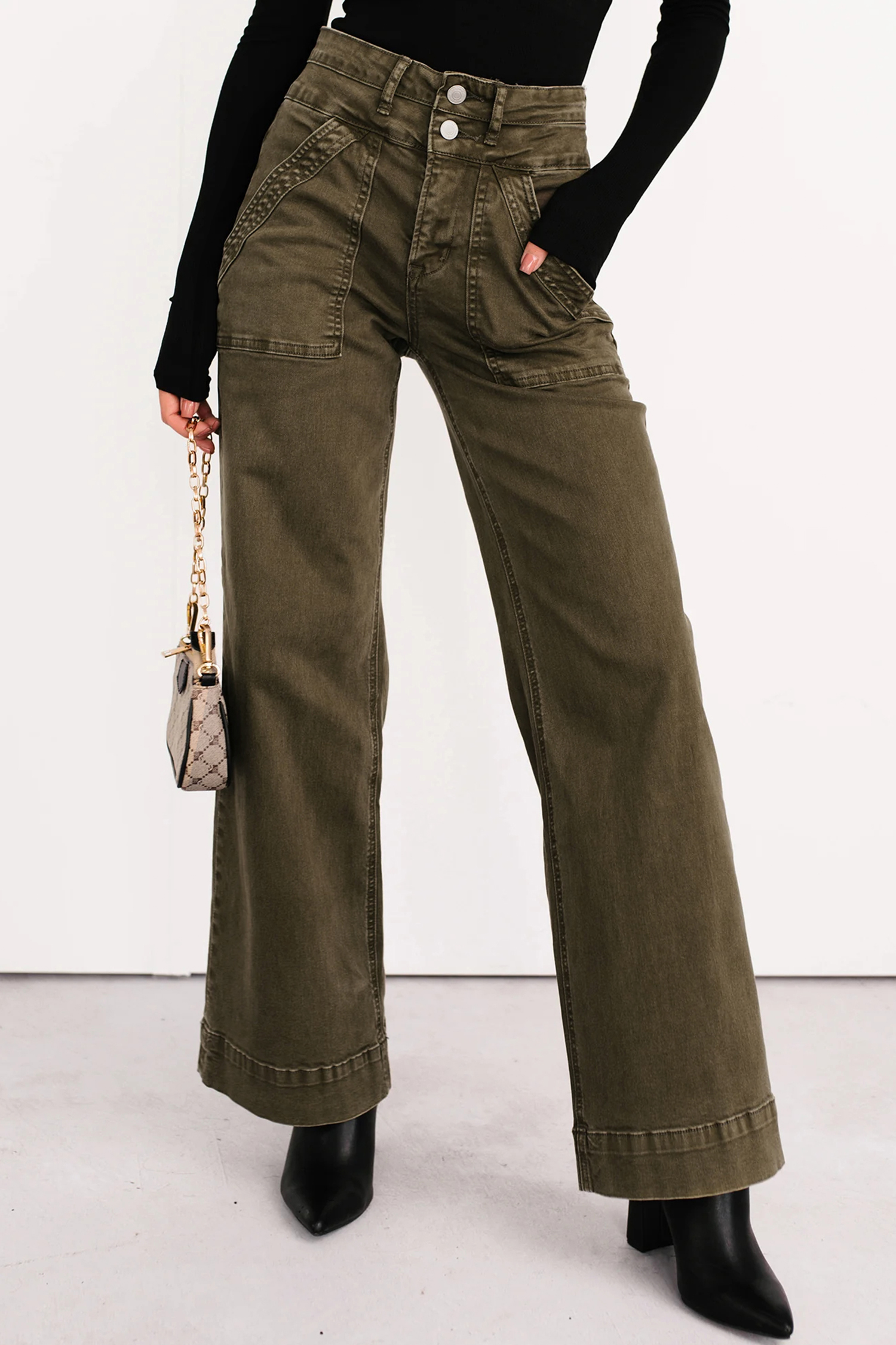 Jungle Green Double Waistband Loose Straight Jeans - loveforevers