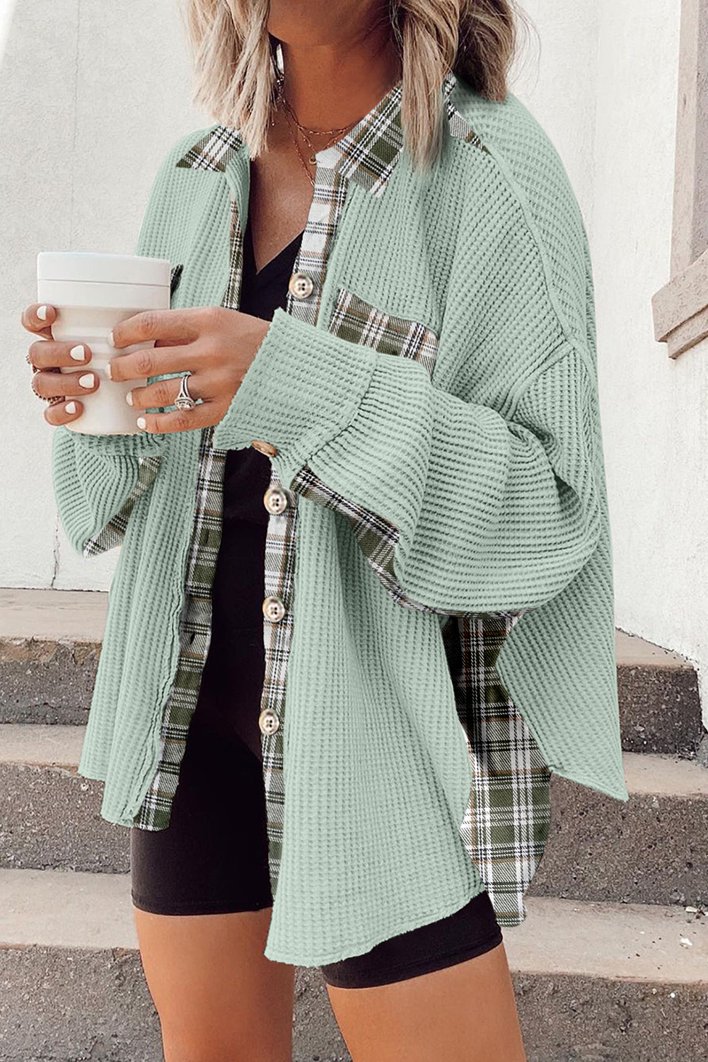 Grass Green Plaid Patchwork Waffle Thermal Knit Shacket - loveforevers