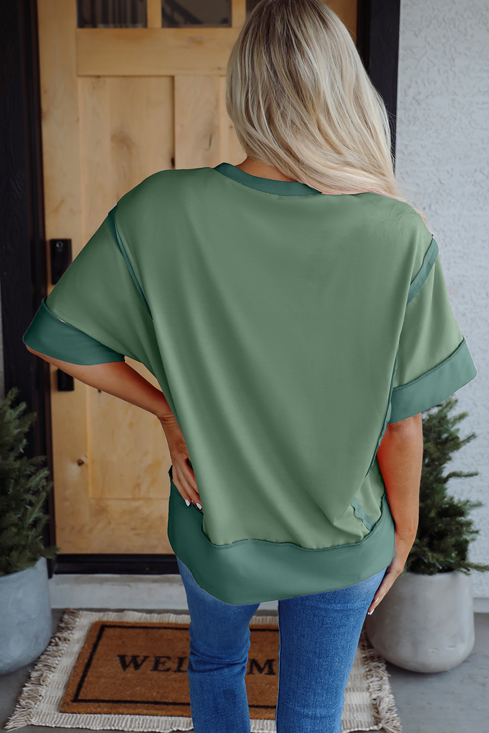 Smoke Green Half Sleeve Raw Seam High Low Side Split Top - loveforevers