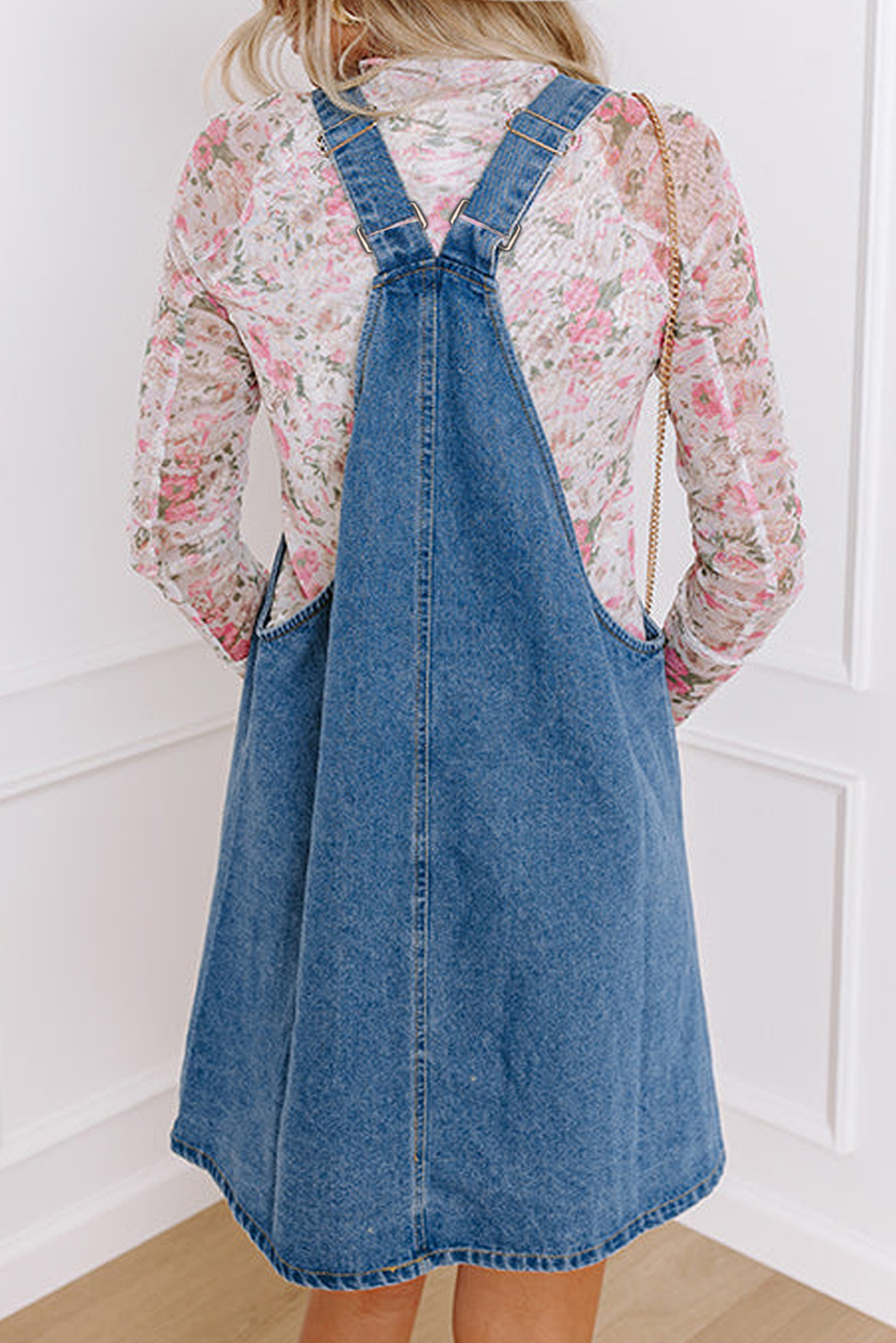 Dusk Blue Wide Strap Button Front Pocketed Denim Mini Dress - loveforevers