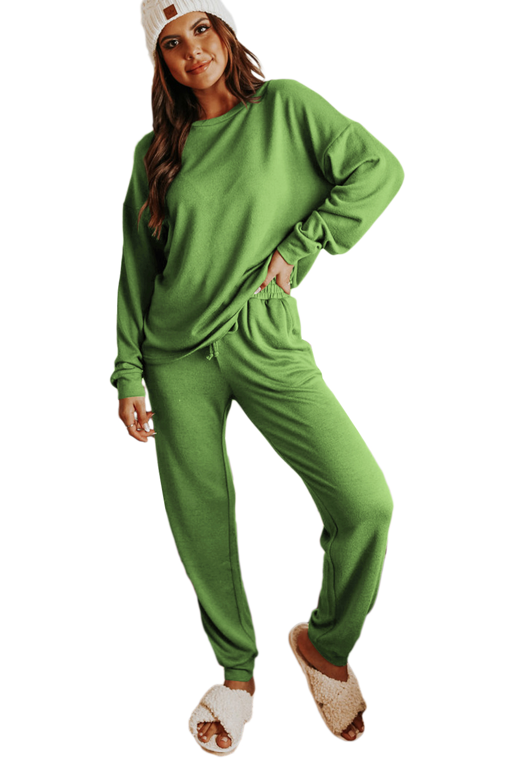 Spinach Green Long Sleeve Pullover and Jogger Pants Lounge Set - loveforevers
