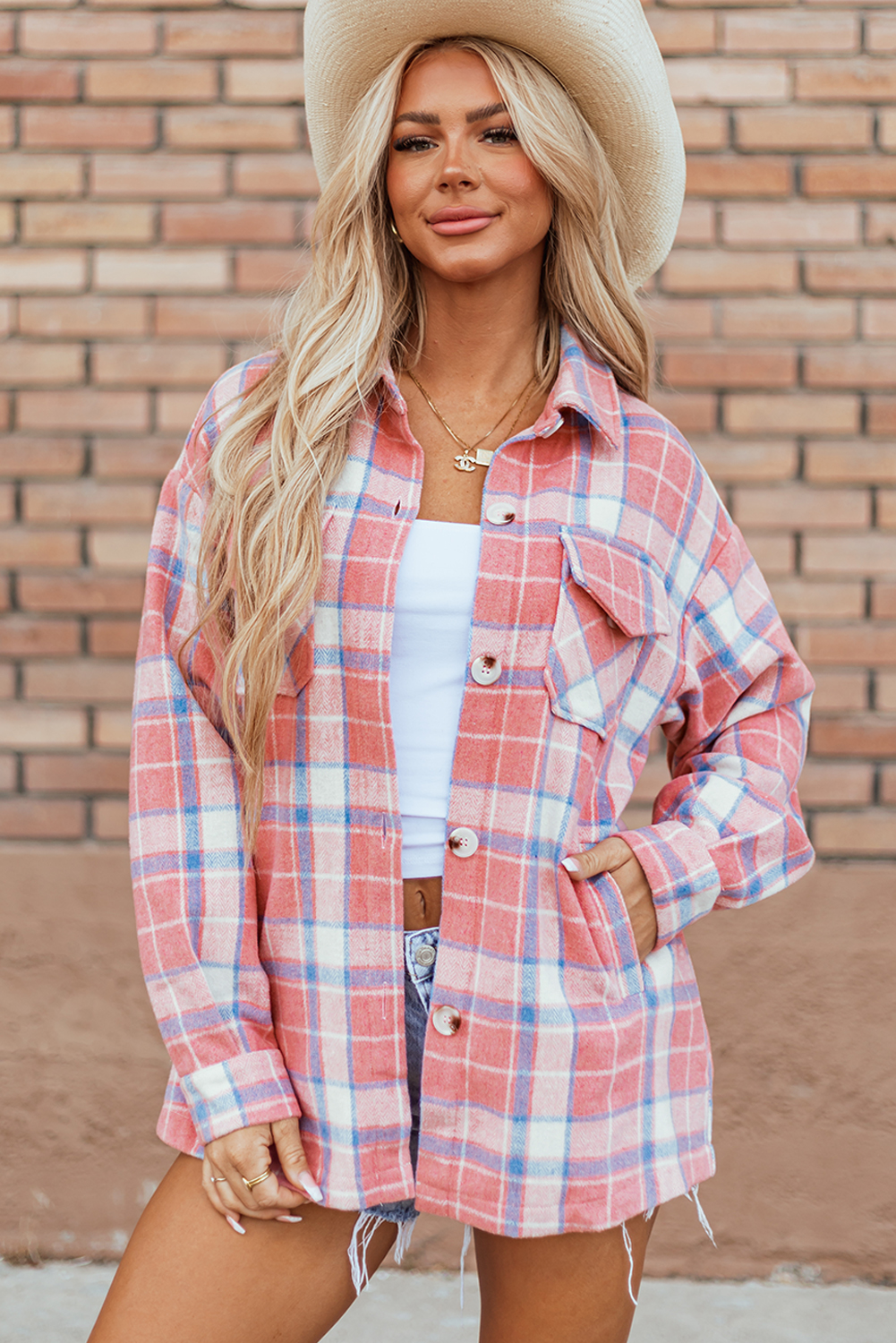 Pink Plaid Flap Pocket Button Up Shacket - loveforevers