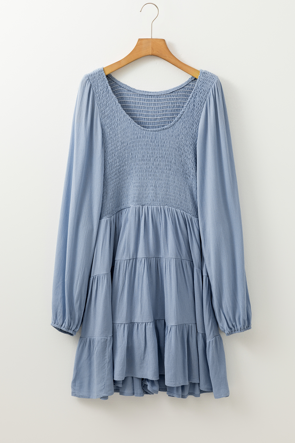Ashleigh Blue Long Sleeve V Neck Smocked Tiered Mini Dress - loveforevers