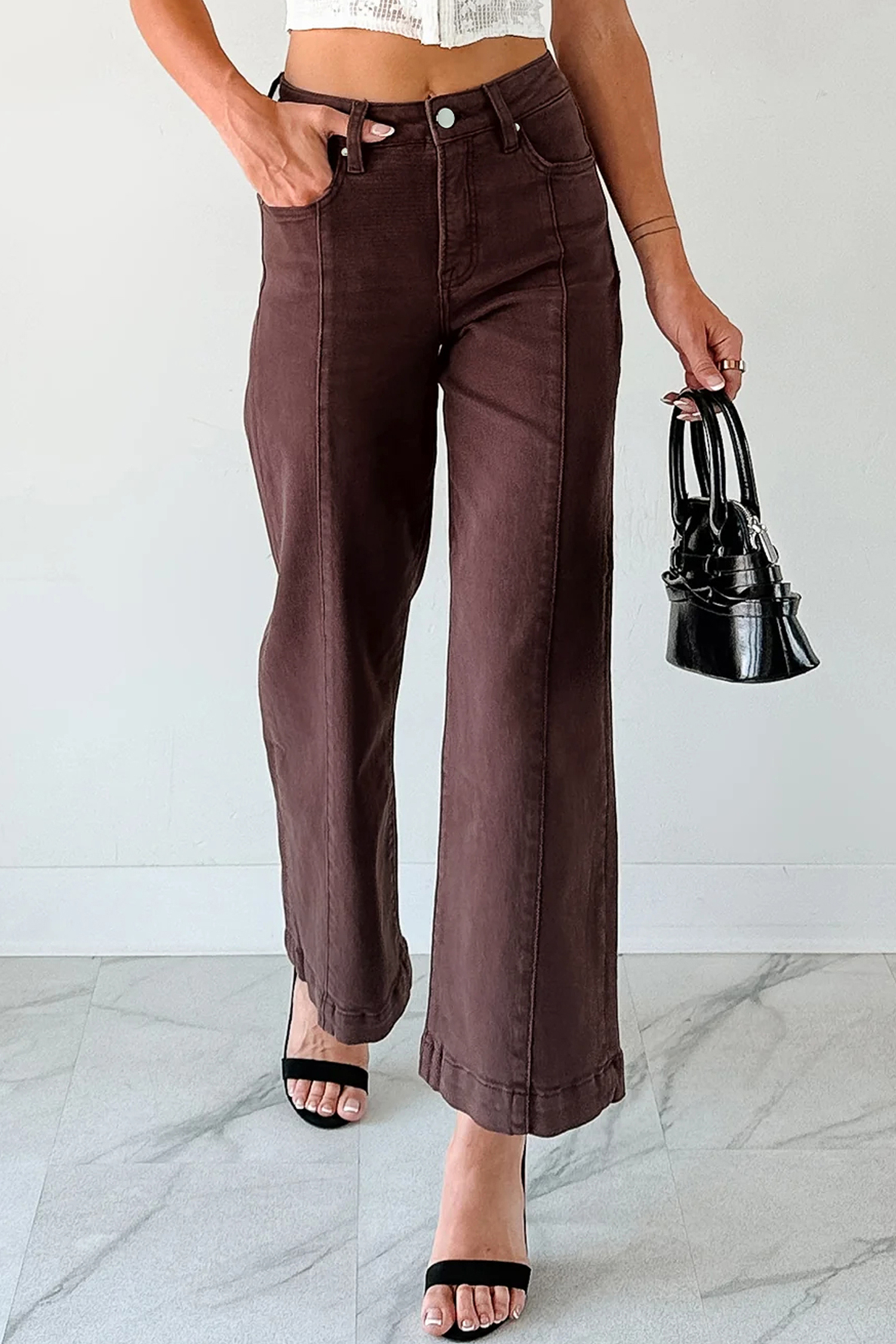 Apricot Solid Color Seamed Center Wide Leg Cropped Jeans - loveforevers