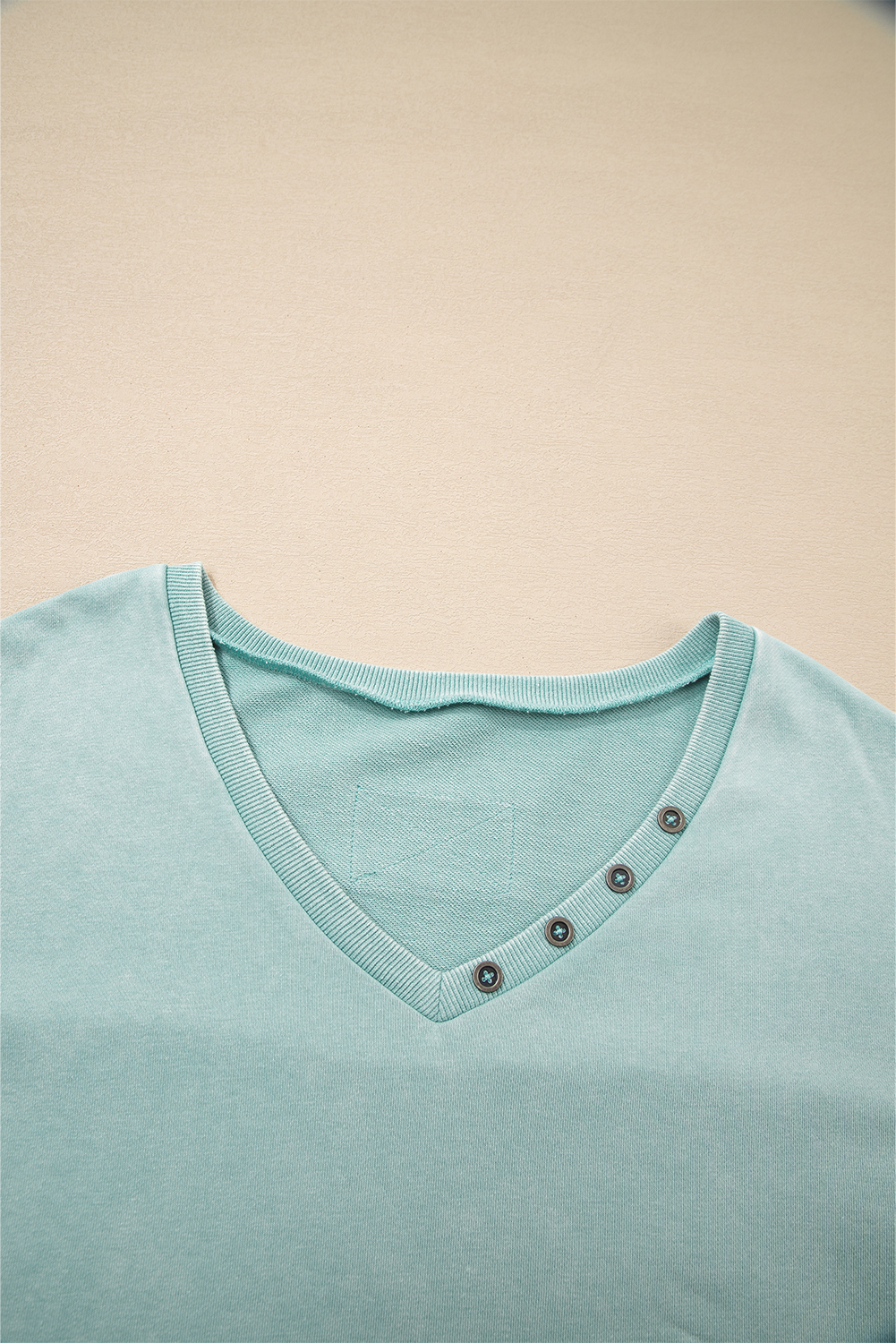Mist Blue Mineral Wash Exposed Seam Buttoned V Neck Pullover Top - loveforevers