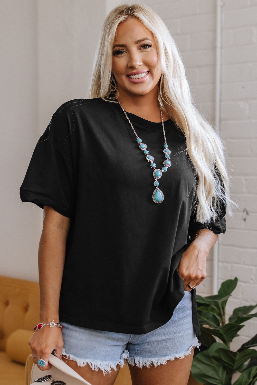 Black Loose Half Sleeve Hi Low Hem T Shirt - loveforevers