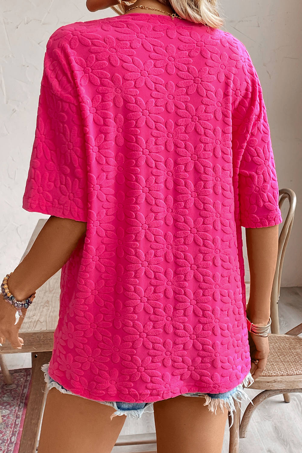 Rose Red Daisy Flower Jacquard Half Sleeve T Shirt - loveforevers