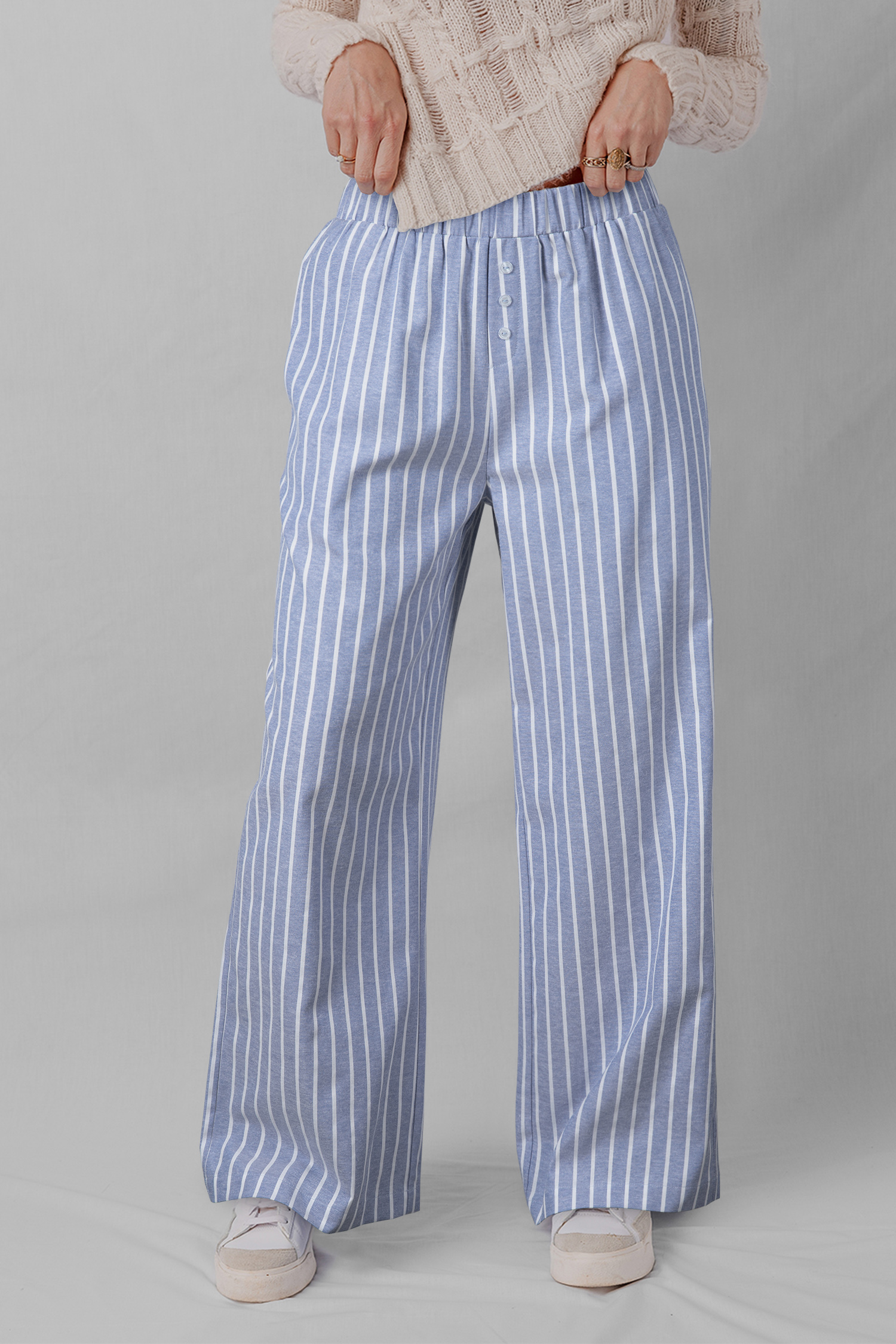 Sky Blue Stripe Buttoned Detail Loose Casual Pants - loveforevers