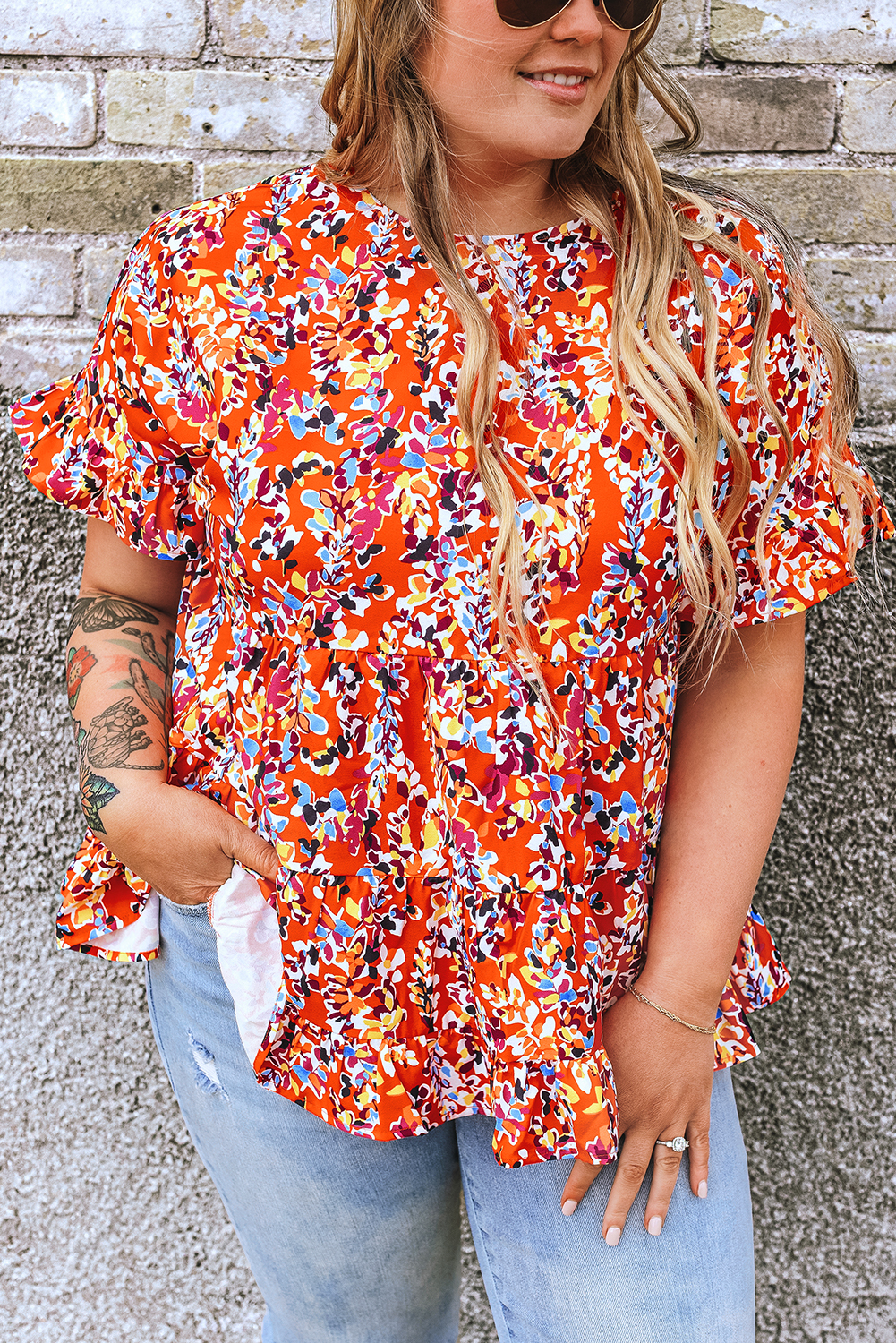 Orange Floral Printed Ruffle Sleeve Curvy Babydoll Blouse - loveforevers
