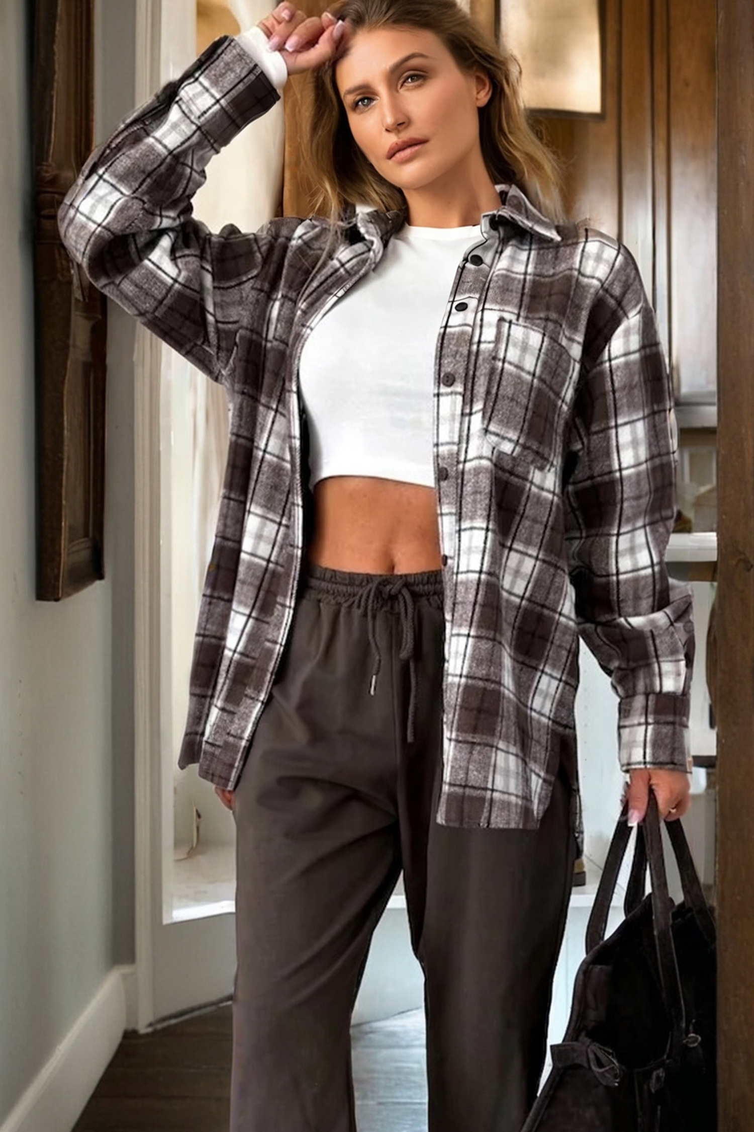 Dark Brown Flanel Plaid Single Chest Pocket Boyfriend Shacket - loveforevers