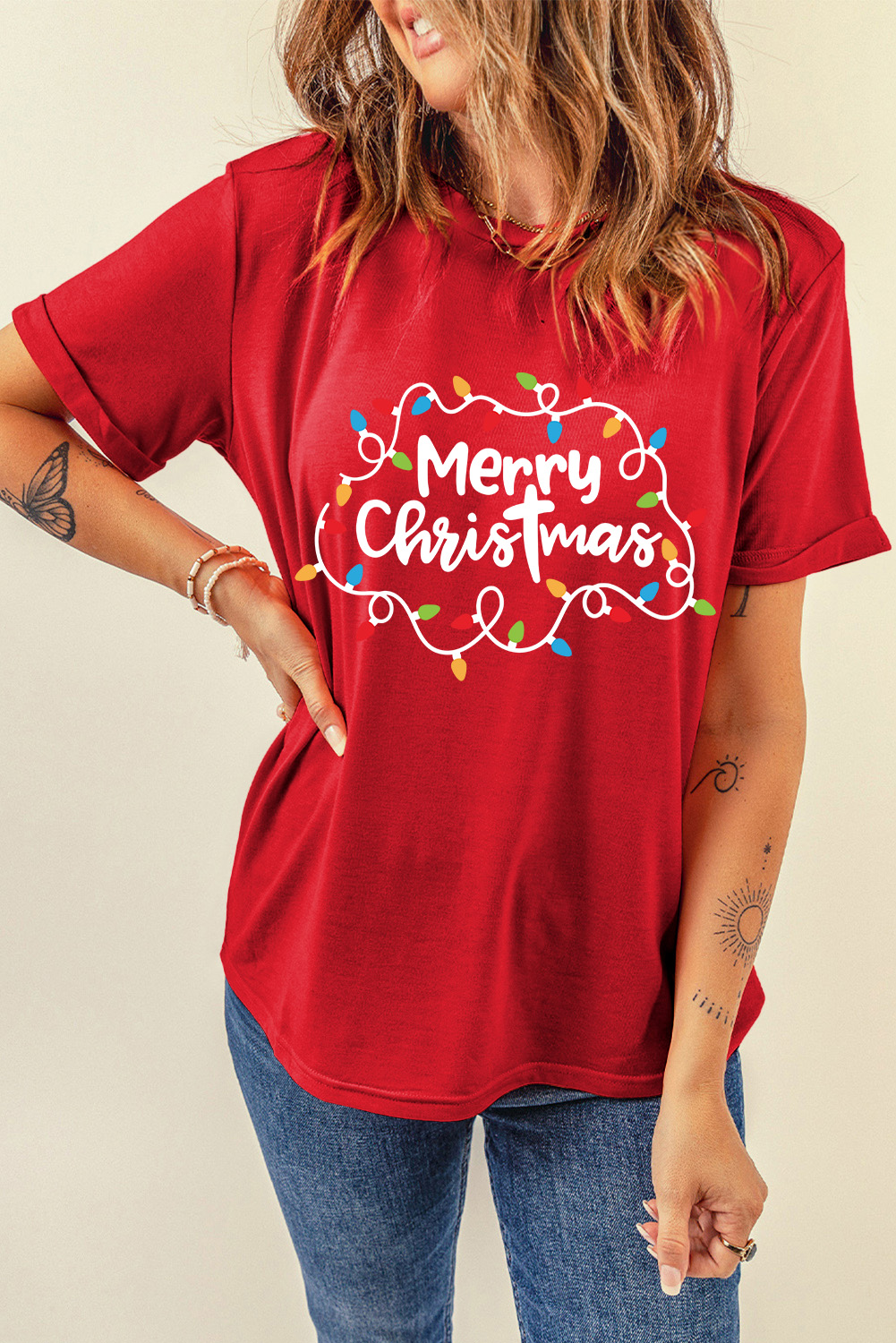 Red Merry Christmas Lights Print Crew Neck T Shirt - loveforevers