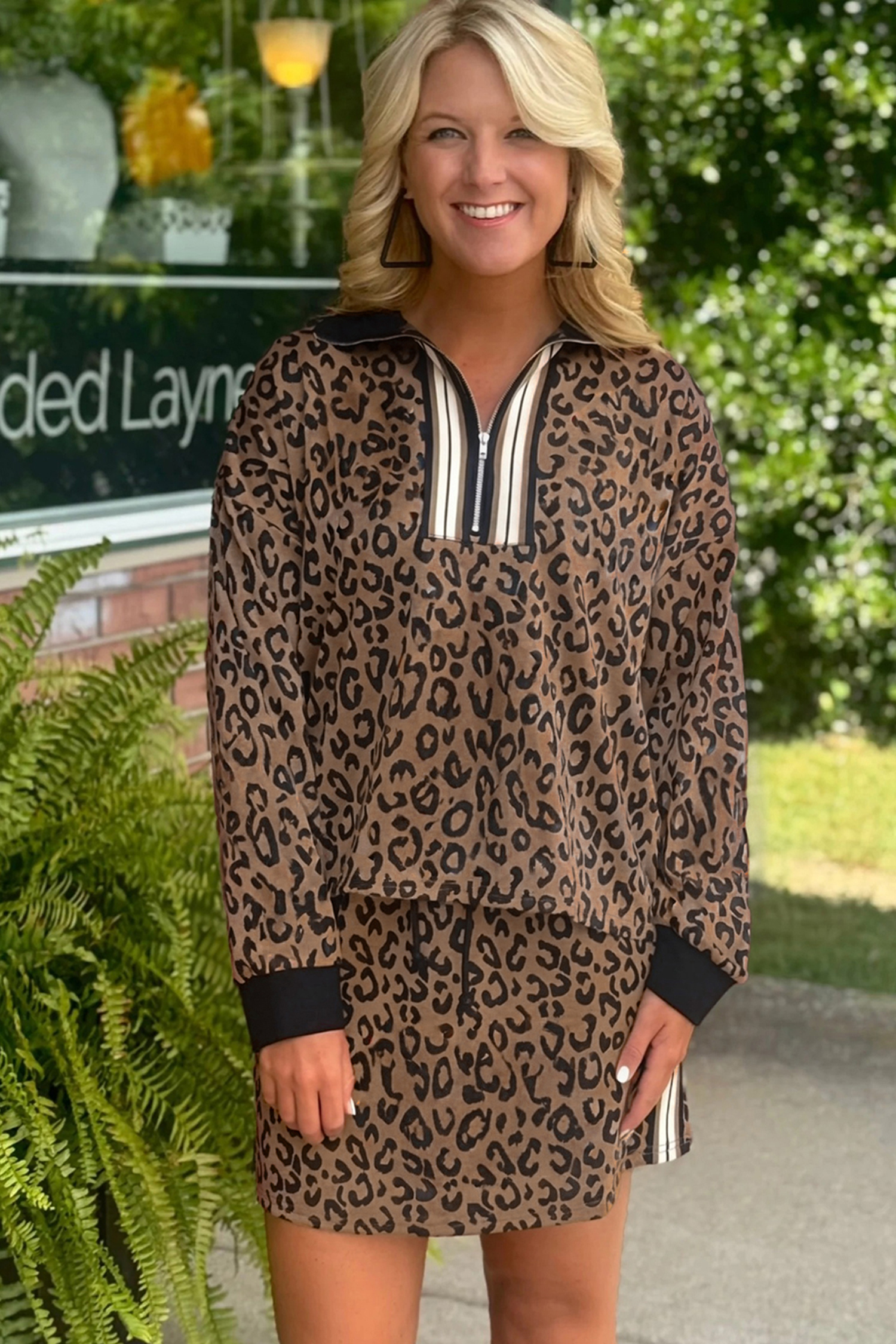 Khaki Leopard Print Quarter Zip Long Sleeve Top Mini Skirt Set - loveforevers