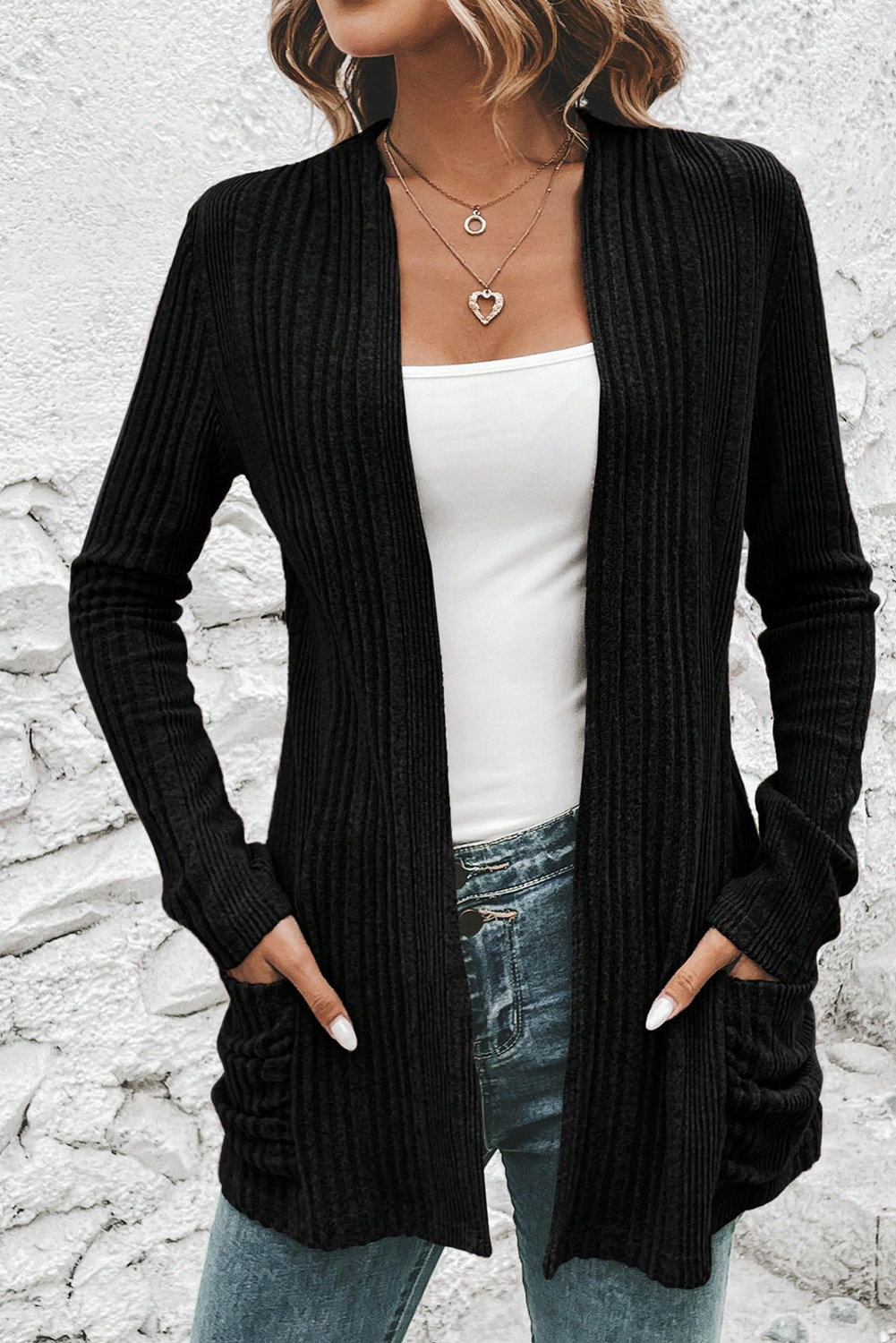 Stone Blue Ribbed Open Front Knitted Top with Pockets - loveforevers