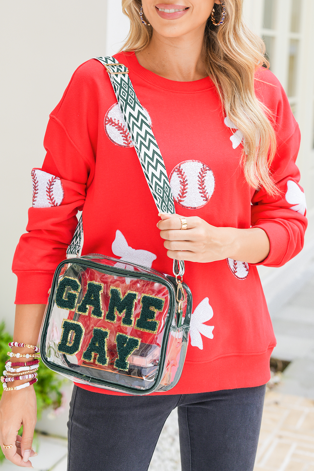 Blackish Green GAME DAY Chenille Embroidered Clear PVC Shoulder Bag - loveforevers