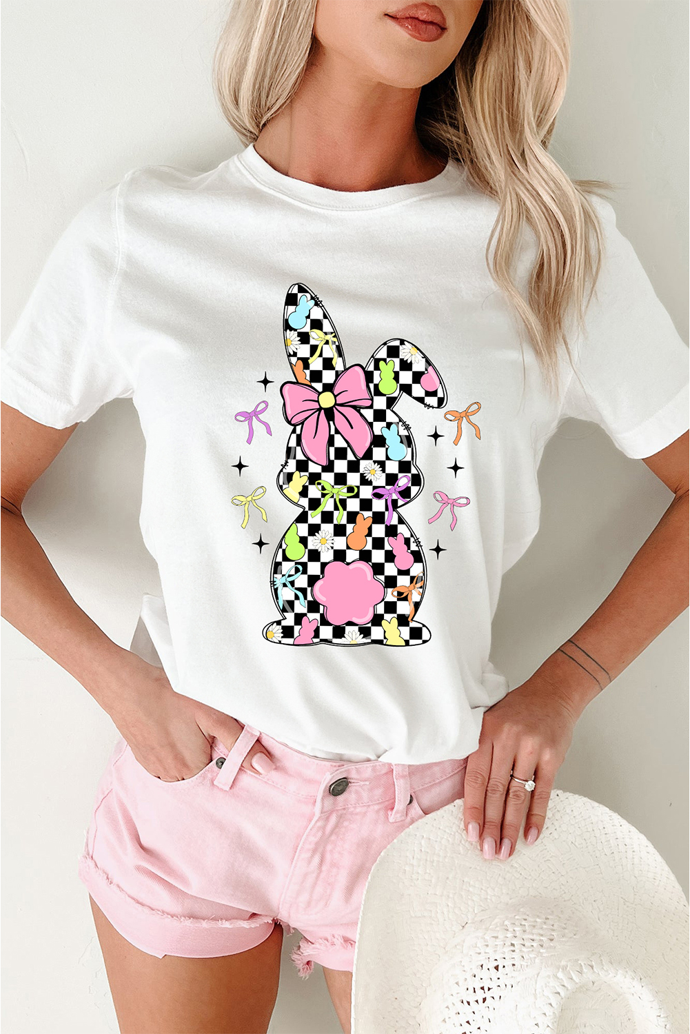 White Bowknot Checkerboard Bunny Graphic Easter T Shirt - loveforevers