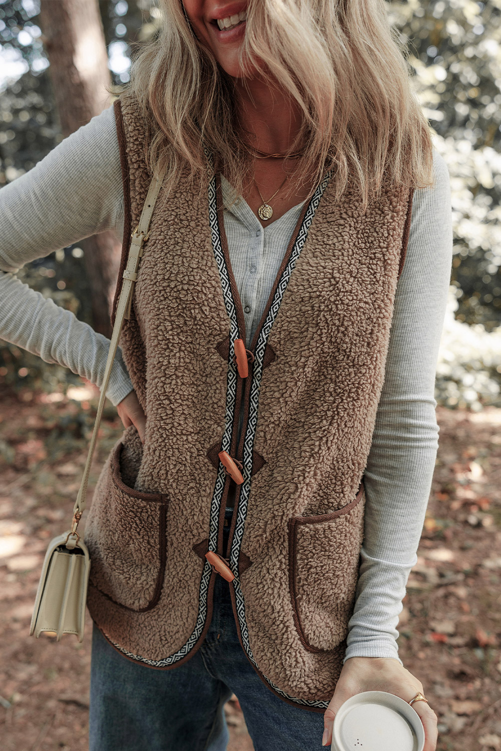 Dark Khaki Sherpa Contrast Trim Patch Pocket Cartridge Toggle Button Vest - loveforevers