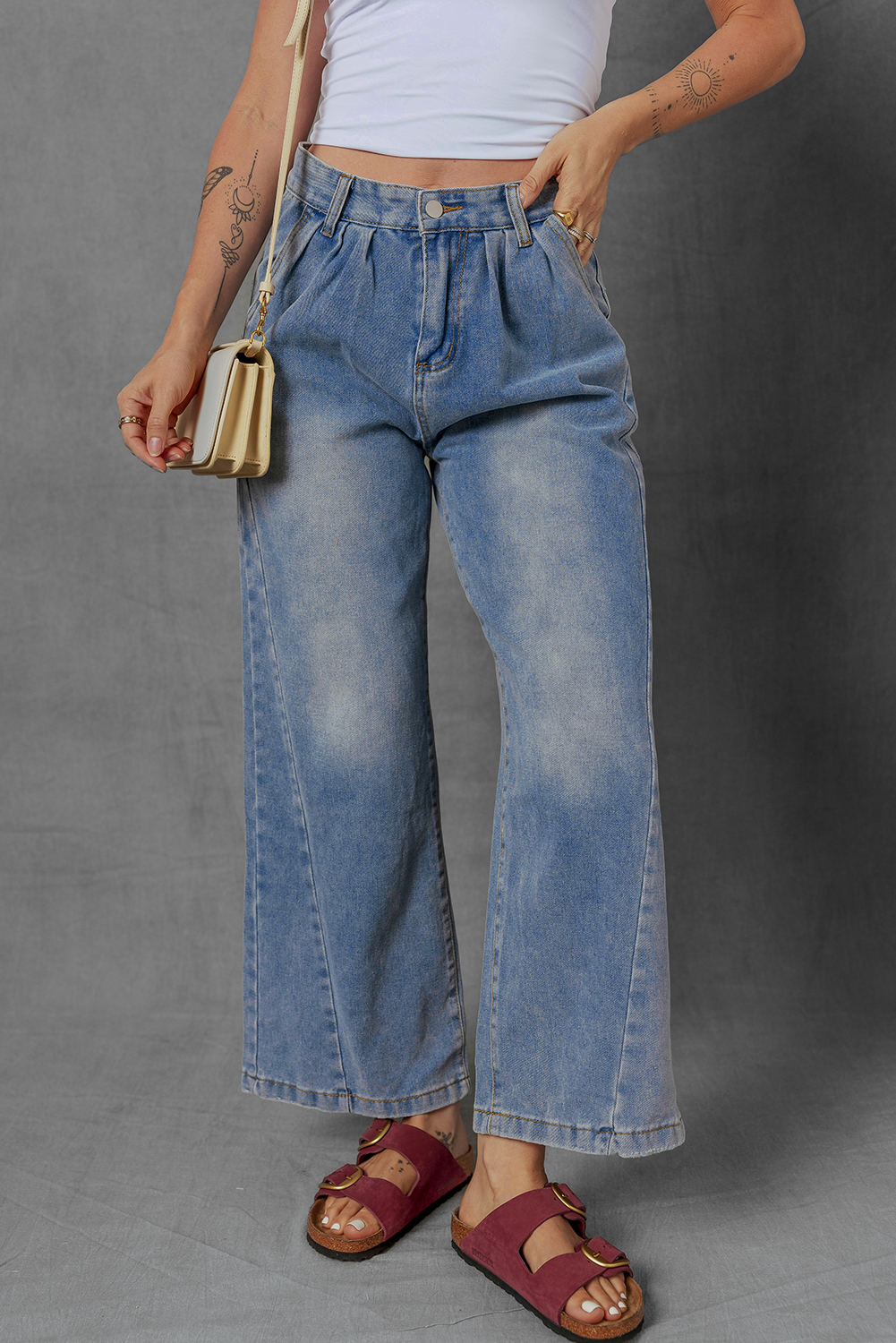 Ashleigh Blue Washed Pleated Detail Wide Leg Jeans - loveforevers