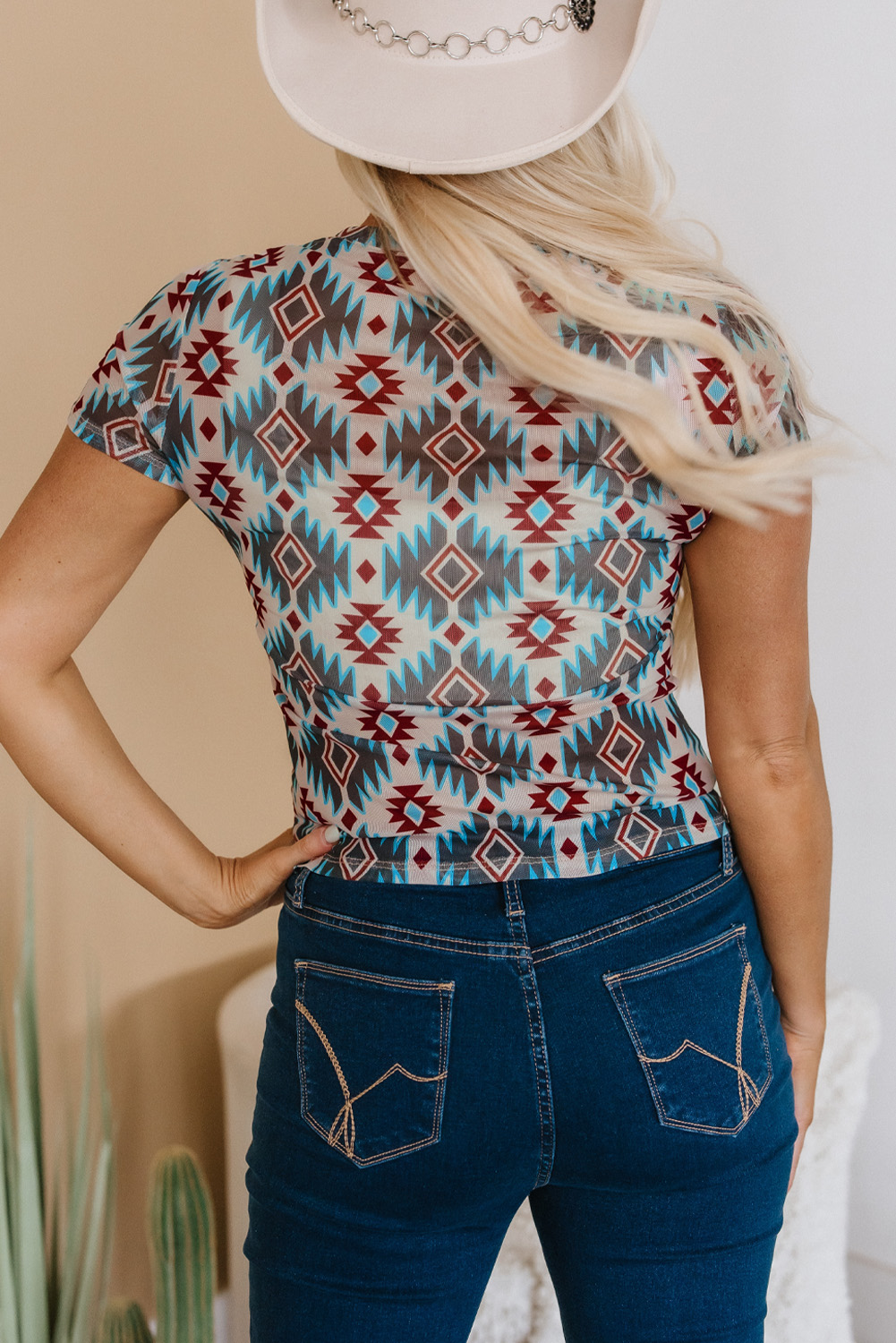 Blue Western Aztec Print Mesh Slim T Shirt - loveforevers
