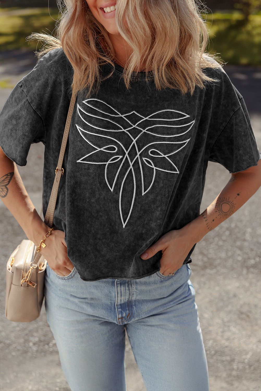 Black Floral Embroidered Mineral Wash Crew Neck T Shirt - loveforevers
