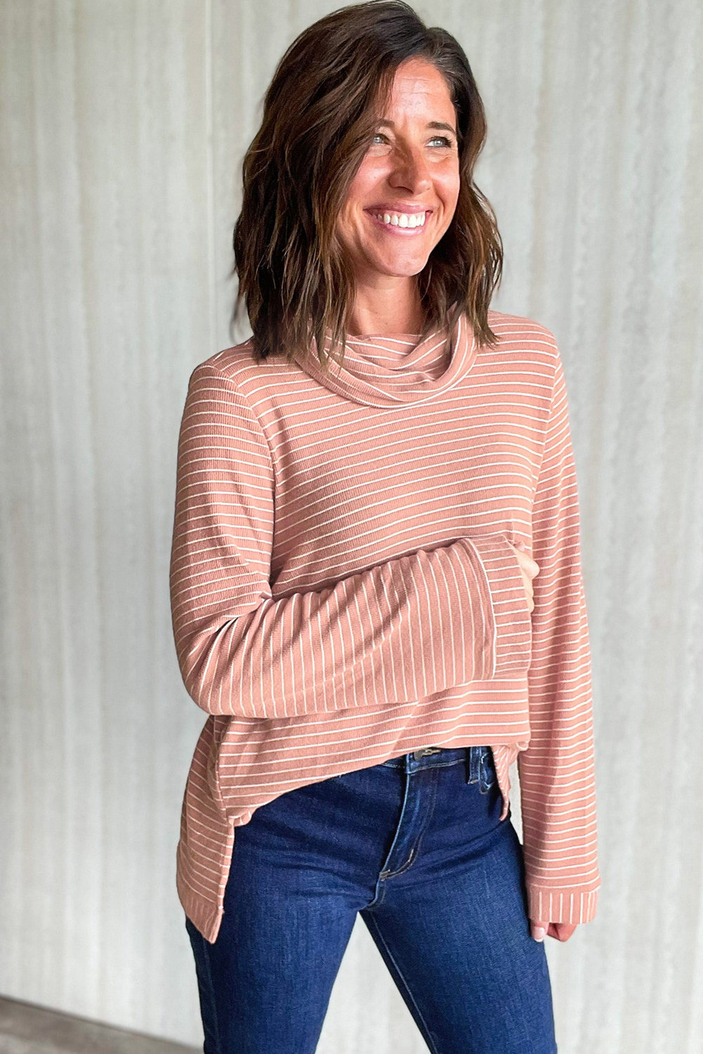 Pink Stripe Cowl Neck Side Slits Loose Fit Long Sleeve Top - loveforevers