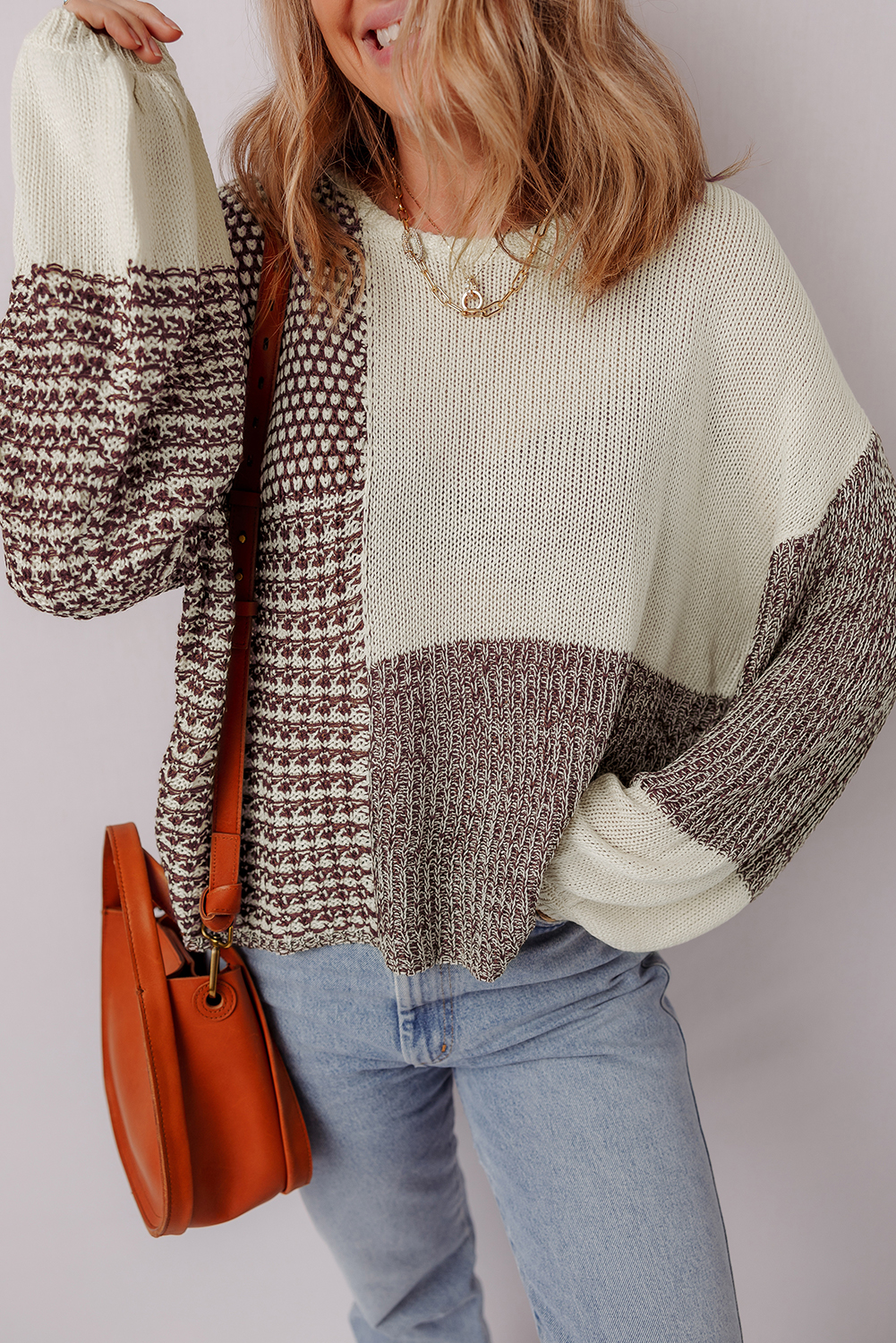Dark Khaki Color Block Back Tie Drop Shoulder Loose Sweater - loveforevers