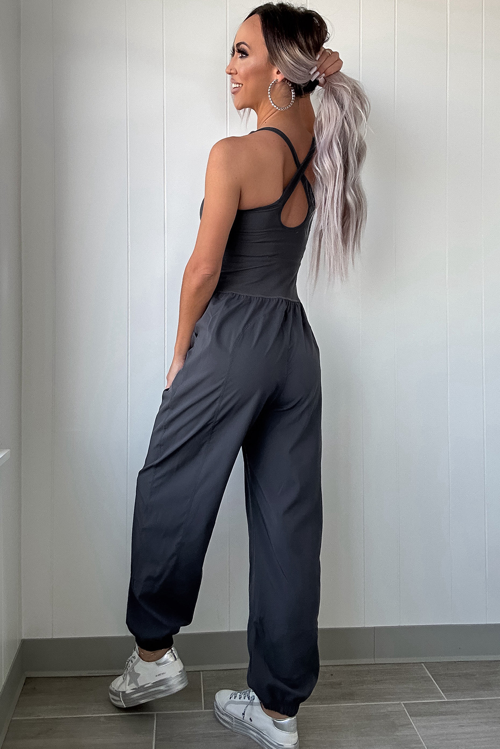 Carbon Grey Back Crossed Straps Hollow Out Jogger Jumpsuit - loveforevers