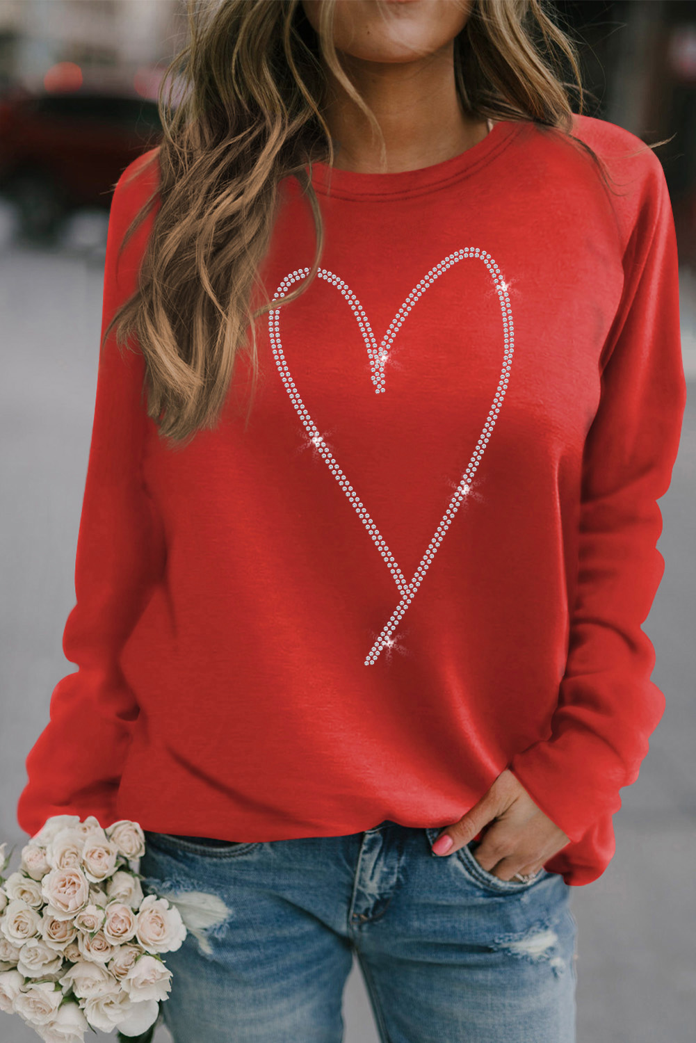 Fiery Red Rhinestone Heart Shaped Long Sleeve Sweatshirt - loveforevers