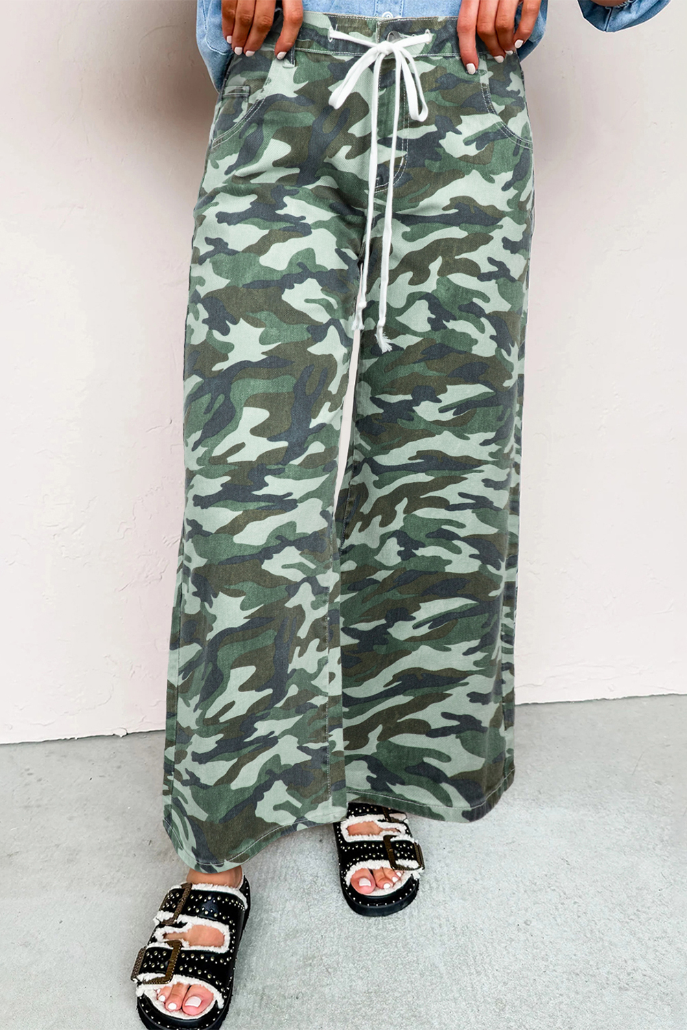 Green Camouflage Print Wide Leg Drawstring Denim Pants - loveforevers