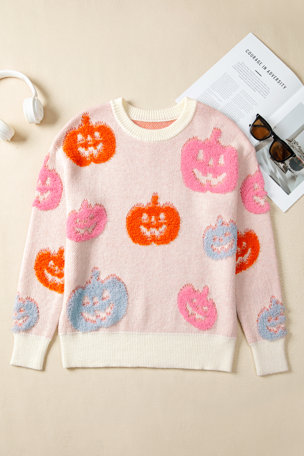 Beige Halloween Cute Pumpkin Pattern Sweater - loveforevers