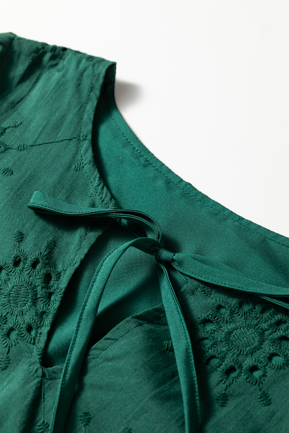 Blackish Green Embroidered Eyelet Pattern 3/4 Puffy Sleeve Swing Mini Dress - loveforevers