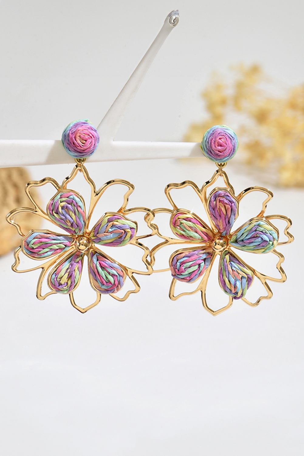 Gold Rainbow Swirl Crochet Flower Shape Drop Earrings - loveforevers