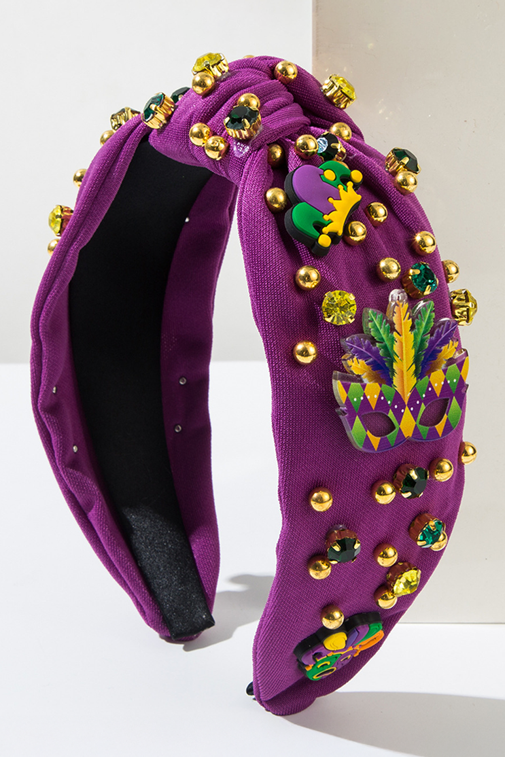 Tillandsia Purple Mardi Gras Rhinestone Beaded Knotted Wide Headband - loveforevers