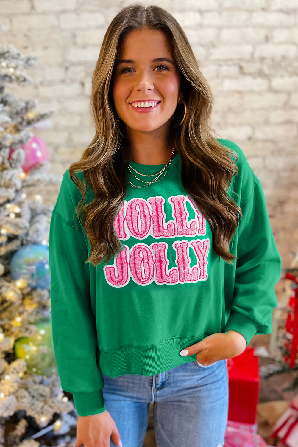 Sea Green HOLLY JOLLY Towel Embroidered Christmas Holiday Sweatshirt - loveforevers