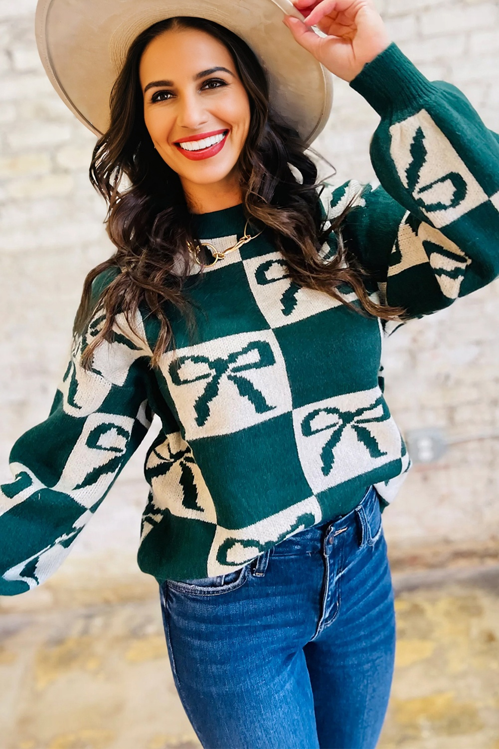 Blackish Green Checkered Bow Print Casual Sweater - loveforevers