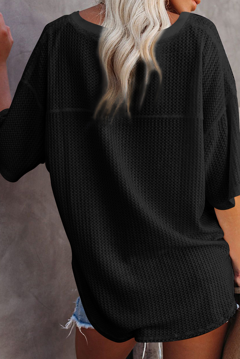 Black Waffle Texture Ribbed V Neck Drop Shoulder Loose Tee - loveforevers