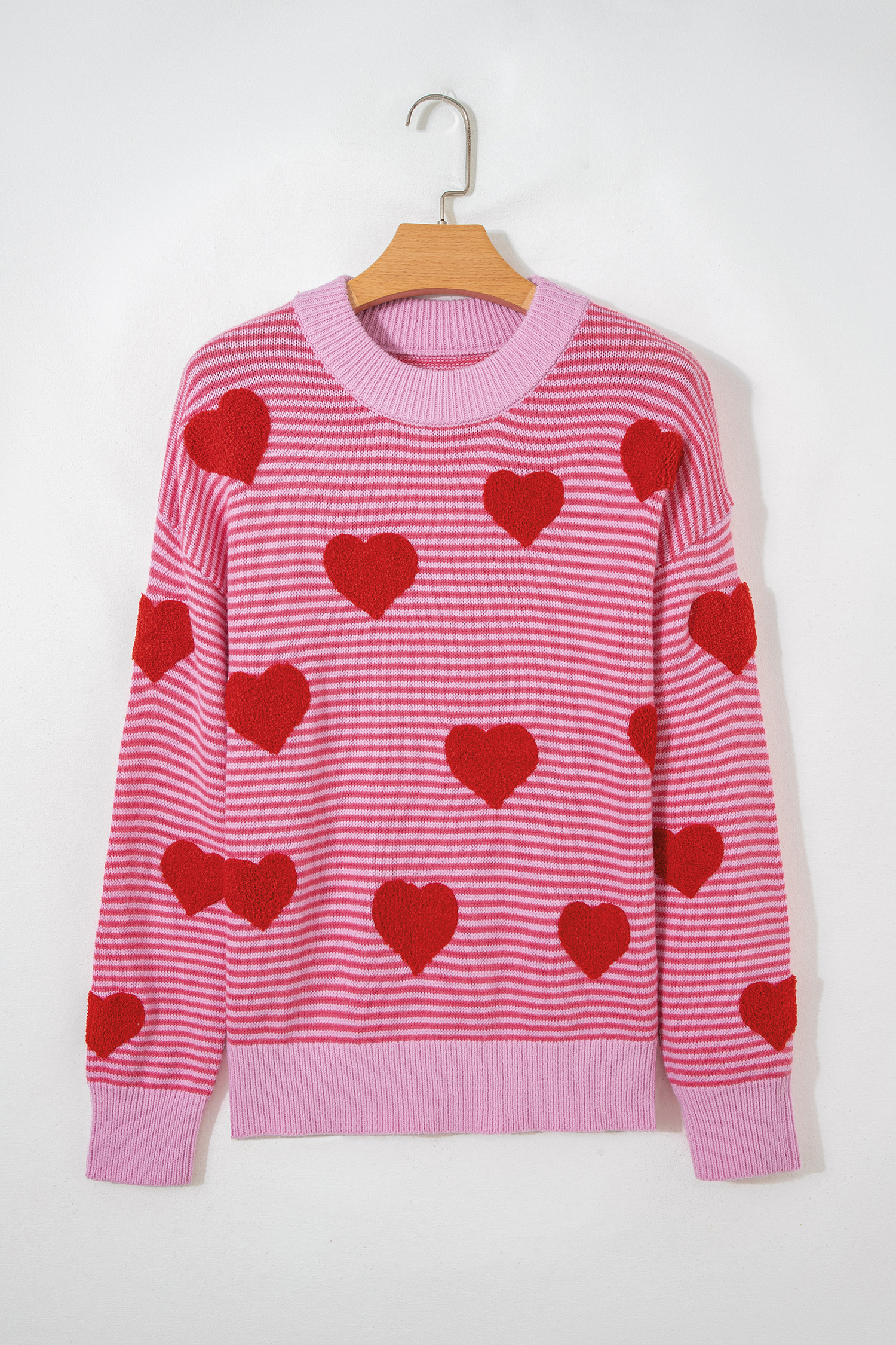 Gray Stripe Contrast Heart Pattern Valentine Knit Sweater - loveforevers