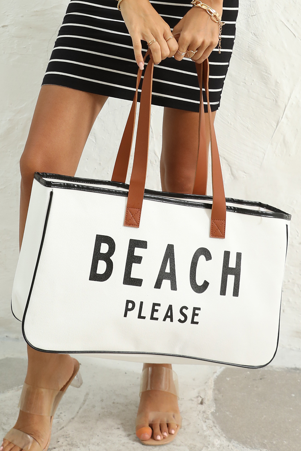 White BEACH PLEASE Print Large Canvas Tote Bag - loveforevers