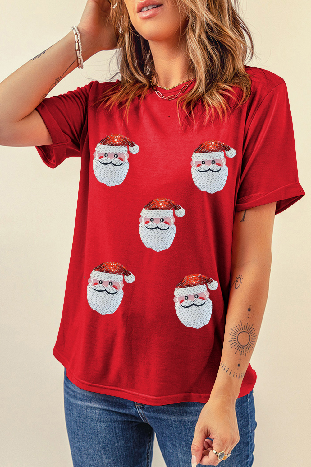 Black Faux Sequin Christmas Claus Pattern Crewneck T Shirt - loveforevers