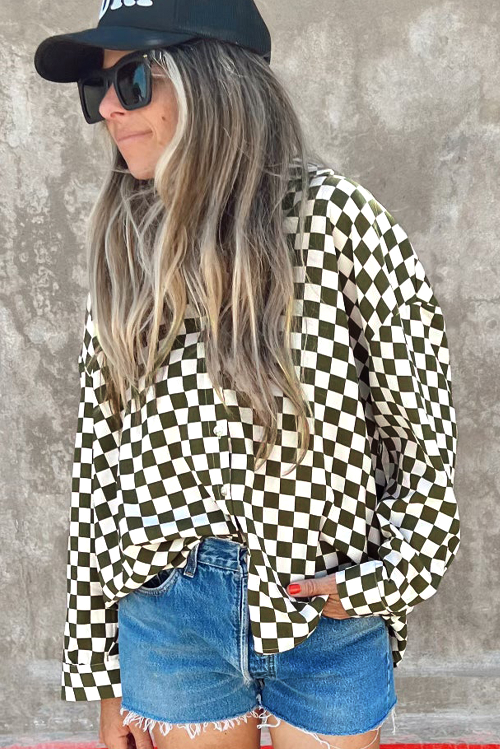 Green Checkerboard Printed Drop Shoulder Loose Casual Shirt - loveforevers