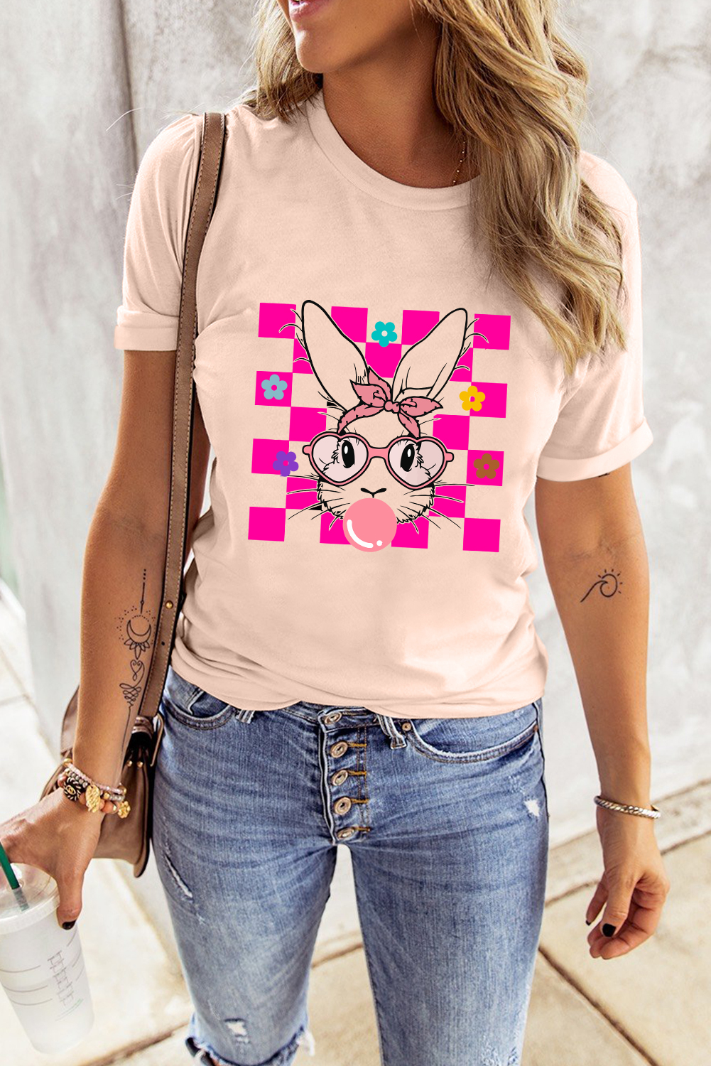 White Rabbit Bow Knot Print Crew Neck T Shirt - loveforevers