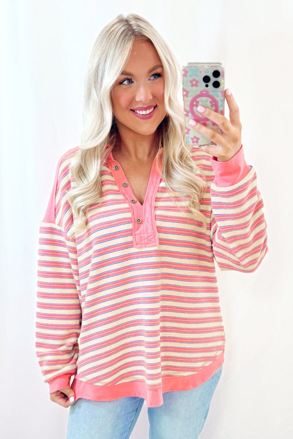 Red Stripe Buttoned V Neck Collared Drop Shoulder Top - loveforevers