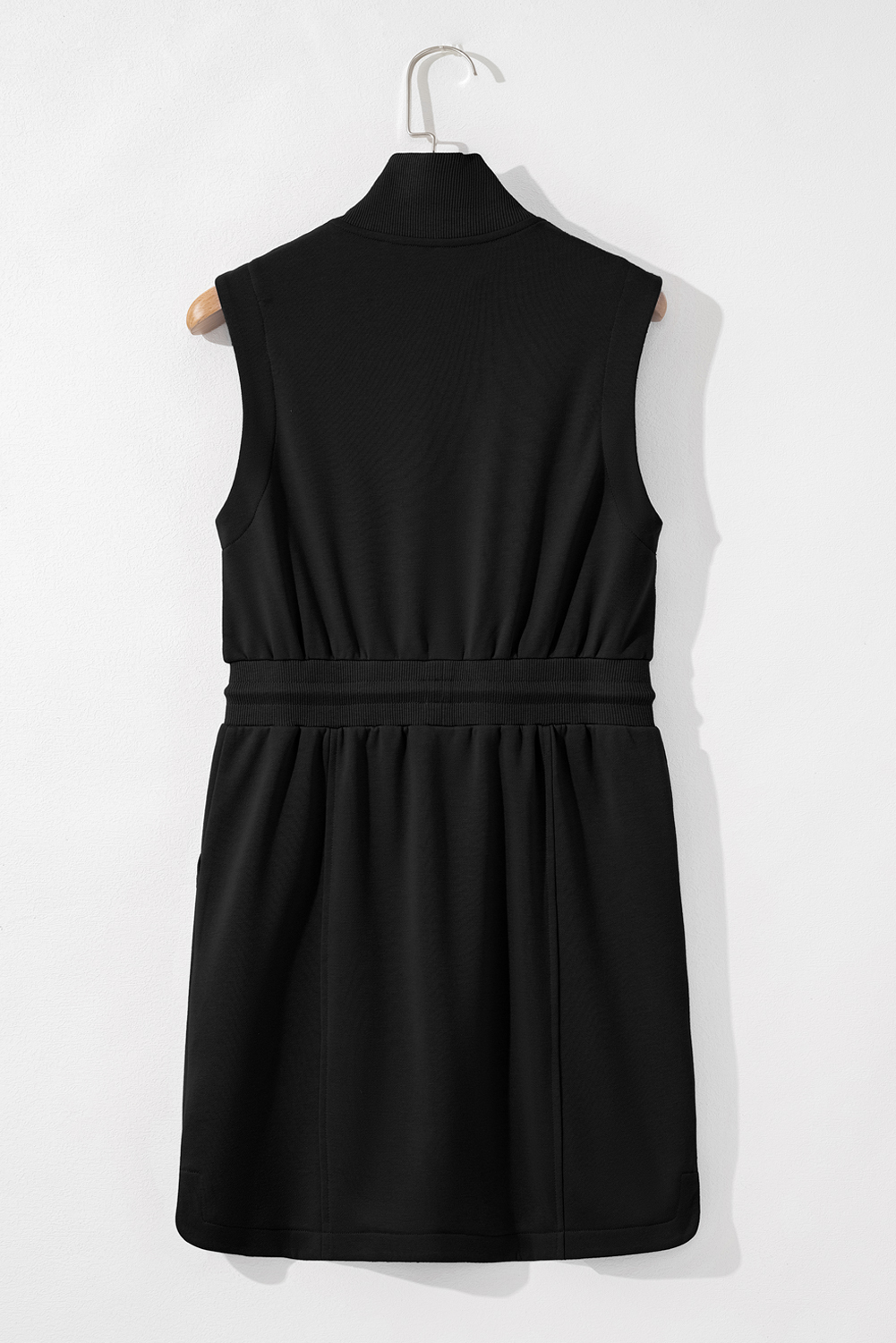 Black French Terry Zipped Collar Sleeveless Drawstring Waist Mini Dress - loveforevers